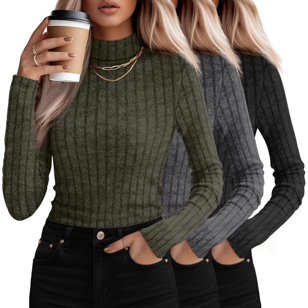 3 Pack Women's Ribbed Knit Mock Turtleneck Sweaters Lightweight Fall Tops